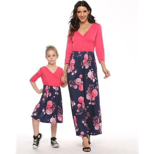 V-neck Mommy and Me Matching Dresses Floral Print Mother Daughter Bodysuit Ankle-length Long Dress for Fashion Lady Baby Clothes