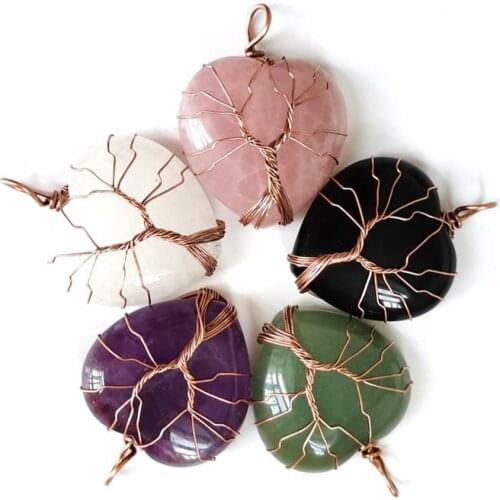 Natural Stone Tree of Life Pendant Necklace for Women Handmade Copper Wire Wrapped Heart Love Healing Reiki Crystal Jewelry