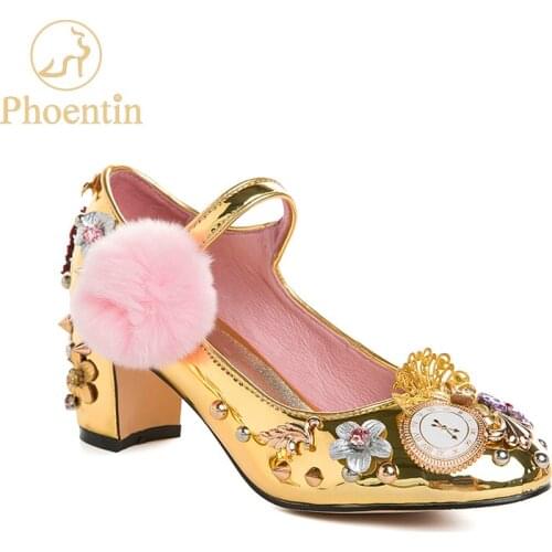 Phoentin Court style mary jane shoes rivet crystal pumps with fur clock decoration 2020 gold high heels button closure FT333-1