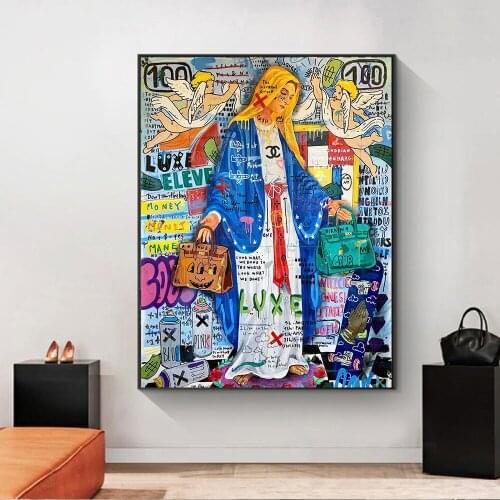 Graffiti art fan virgin mary poster oil painting print on canvas art wall color picture living room home decoration poster
