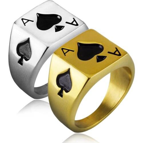 Drop shipping HIP Hop 2 color US 7 to 13 size Micro Pave Square Spades poker Ring Gold color Stainless Steel Men Jewelry