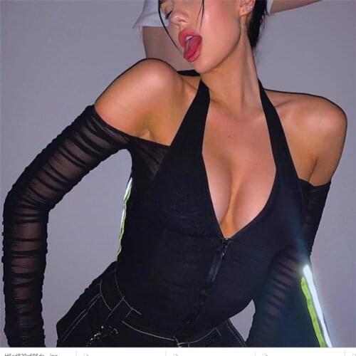 Sexy Cold Shoulder Clubwear Cropped Top Women Summer Deep V-neck Streetwear Mesh Long Sleeve Homewear T-shirt