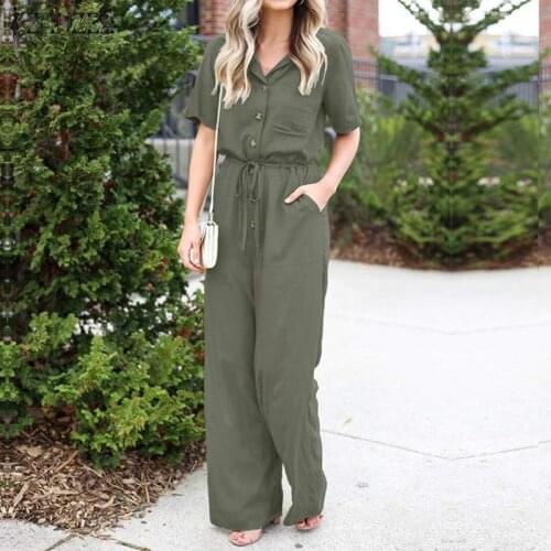 ZANZEA Elegant Rompers Women Jumpsuits Summer Wide Leg Overalls Drawstring Elastic Waist Short Sleeve Solid Dungarees Streetwear