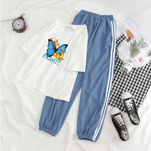 Casual Outfits for Women Tracksuit Two Piece Set Women Top and Pants Private Butterfly Graphic T Shirts Streetwear Pants Sets