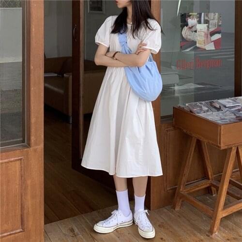 Ladies Dress Summer White Short Sleeve Mid-length Dress Ladies Clothing Folded Elastic Elegant Casual Dress