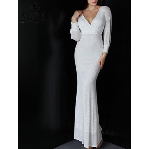 QSYYE White Prom Dress Sequined Long Sleeves Mermaid Evening Gown Sparkle Sequin Pattern Formal Party Gown V Neck Evening Dress