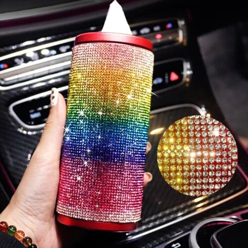 1PC Rainbow Car Tissue Box Rhinestone Durable Daisy Bowknot Decor Tissue Holder for Auto Cup Holder DIY