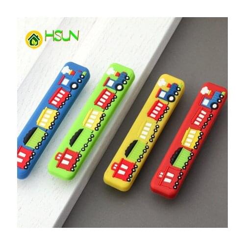 2Pcs small train soft rubber cartoon safety handle Childrens room red yellow blue green drawer train handle kindergarten door