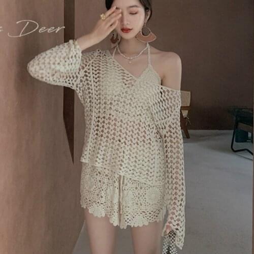 3pcs set women summer holiday beach sets sexy crochet camis with crochet sets women 3 piece sets womens outfits