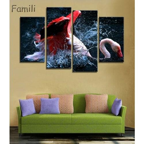 4panel/set Painting Flamingo Playing In The Water Rectangle Wall Pictures For Living Room Wall Art Posters And Prints Home Decor