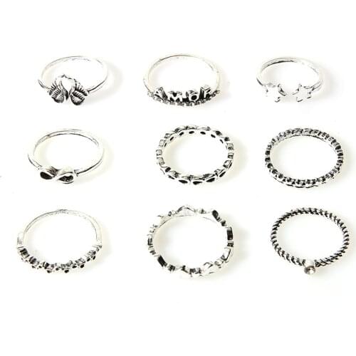 9Pcs/Set Boho Letter AMOR Rings Set Vintage Angle Wings Heart Infinite Ring for Women Men 2020 New Trend Anniversary Gifts