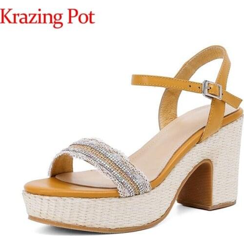 Krazing pot genuine leather round toe simple style diamond shiny high fashion platform metal fasteners mules sandals women L4f2