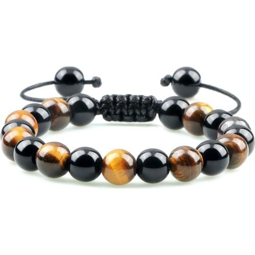Natural Black Obsidian Beaded Bracelet Men Tiger Eye Stone Cat Eye Bracelet Yoga Essential Oil Elastic Strand Bangles Charm Gift