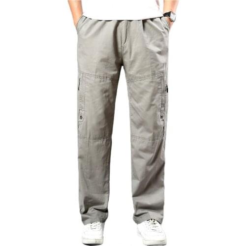 Summer Men Cargo Pants Solid Color Multi Pockets Trousers Loose Zipper Closure Trousers Men Mid Rise Casual Pants Oversize
