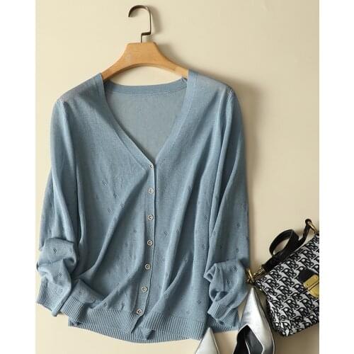Thin Knitted Women Cardigan Summer New 2021 V-Neck Long-Sleeved Loose Casual All Match Hollow Out Lady Elegant Coats Tops