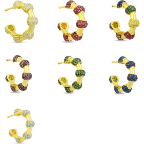 Gold Color Classic Round Circle Hoop Earring Micro Pave Colorful Rainbow CZ 7 Colors Bamboo Hoops