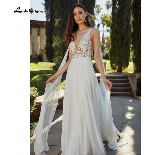 Lakshmigown A Line Wedding Dresses with Cap Bohemia Deep V-Neck Backless Chiffon Bridal Gowns Beach Vestido De Noiva