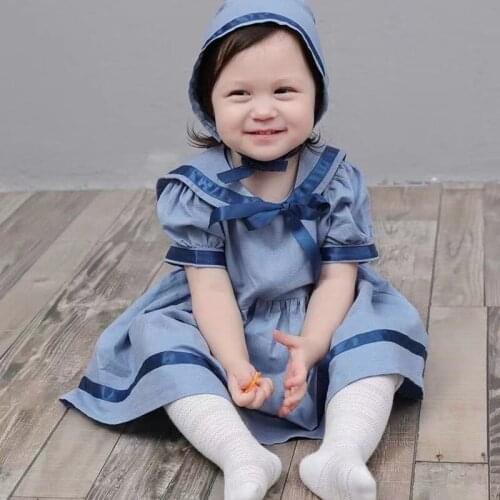 2PCS Summer Cute Casual Blue Bow Sailor Collar Pure Cotton Shortsleeves Dress Whith Hat For Baby Girls Spanish Princess Dress