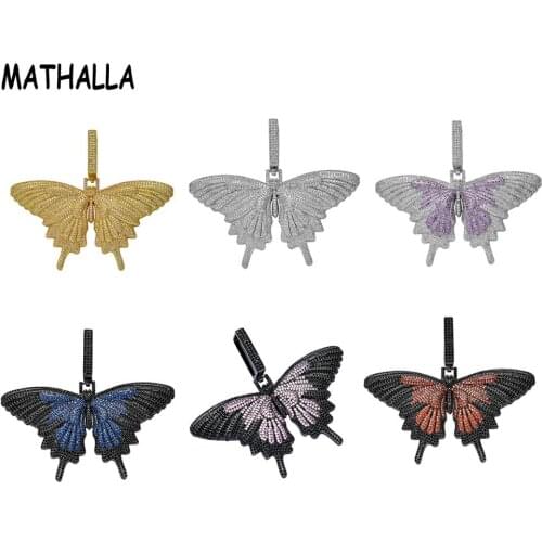 MATHALLA Fashion Iced Out Multicolor Butterfly Pendant Necklaces Micro Pave AAA Cubic Zircon Charm Hip Hop Necklace for Gifts
