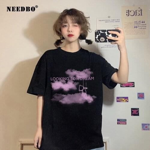 NEEDBO Women Tshirt Oversize 2020 Print Clouds Cute Tee Shirt Femme Unique Tops Tshirt Women Cotton Casual Short Sleeve T-shirt