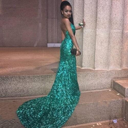 2019 New Sexy Backless Mermaid Prom dress Off Shoulder Green Sequins Evening dress Long robe de soiree