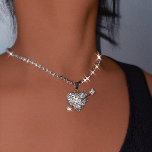 2021 New Shiny Heart Cupid Arrow Pendant Necklace Rhinestone Tennis Chain Choker Necklace For Woman Trendy Wedding Jewelry Gift