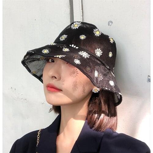 Ladies Daisies Embroidered Bucket Hat Fashion Small Fresh Daisy Sun Cap Women Transparent Panama Lace Flower Hats For Female