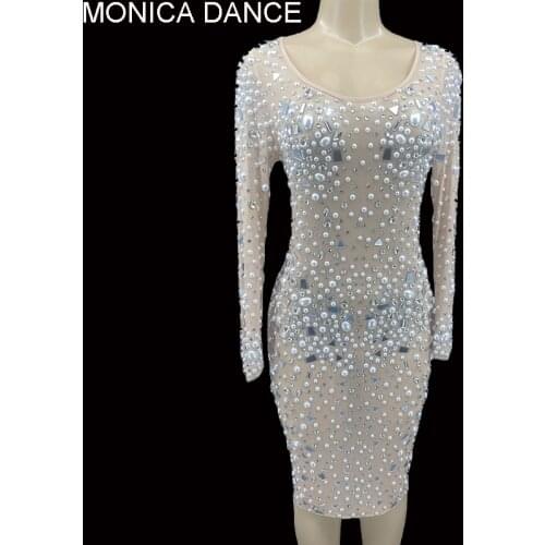 Sexy Stage Shining Rhinestones Big Pearls Transparent Mesh Dress Birthday Wedding Party Celebrate Costume See Through Dress