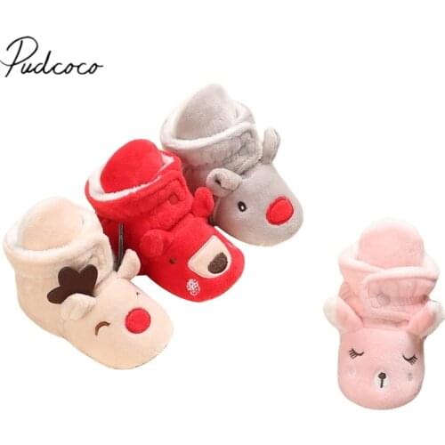 Christmas Unisex Baby Fleece Booties, Newborn Boys Girls Cartoon Plush Cotton Shoes Soft Sole Warm Winter Infant Santa Slippers