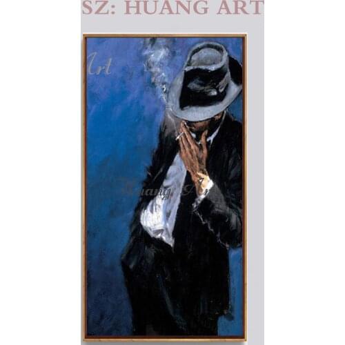 Hand-painted characters high quality with hat smoking man oil painting decorative painting bar and ba