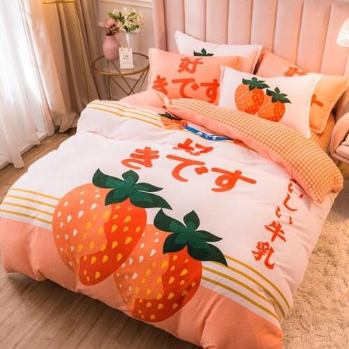 Big strawberry milk cartoon coral velvet warm and comfortable velvet home textile quilt cover four-piece set