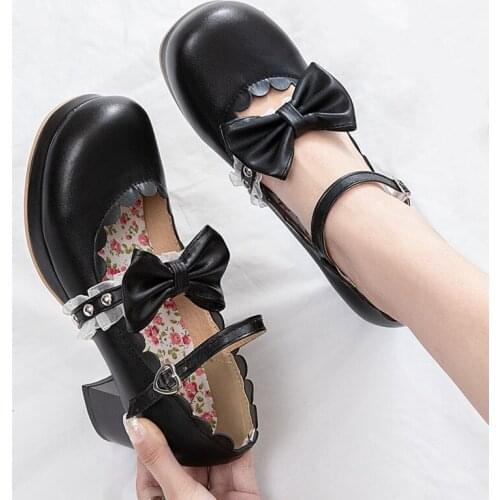 Lolita Mary jane Shoes Women Block Heels Platform Pumps Bow Cute Cosplay Kawaii Shoes Pink Black Beige Big Size zapatilla mujer