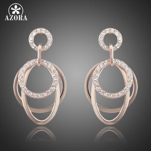 AZORA Polished Circle Rose Gold Color with Stellux Austrian Rhinestones inlaid Drop Earrings TE0063