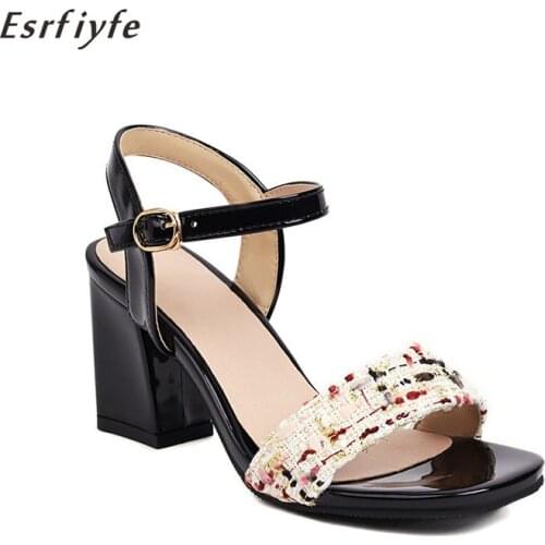 ESRFIYFE 2021 New Summer High Heel Women Sandals Textile Cloth Ladies Shoes Women Buckle Party Shoes Female Shoes Big Size 32-48