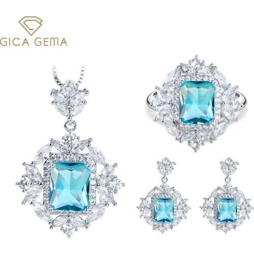 GICA GEMA Blue Topaz Jewelry Set For Women 925 Sterling Silver Zircon Pendant Earrings Rings Gemstone Engagement Fine Jewelry