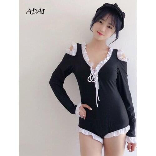 Womens Swimsuit One Piece With Sleeves Ruffles Black Swimwear Bikini 2021 Summer Swimming Bathing Suit Sexy Bodysuit Beachwear