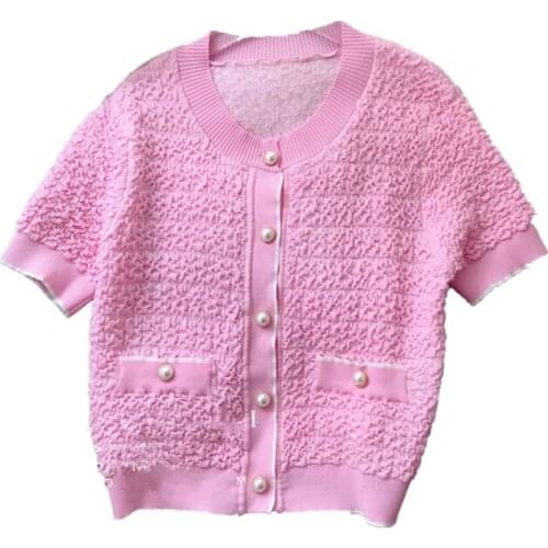 2021 New Summer O Neck Short Sleeve Knit Cardgain Sweet Pearl Buttons Pink Women Tops
