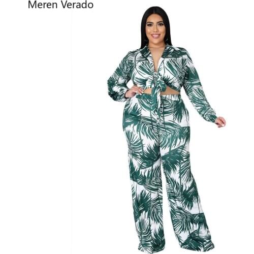 Meren Verado Spring Autumn Plus Size Women Leaf Print Elegant Fashion 2 Piece Set Women Casual Wide Leg Pants Suits Tracksuits