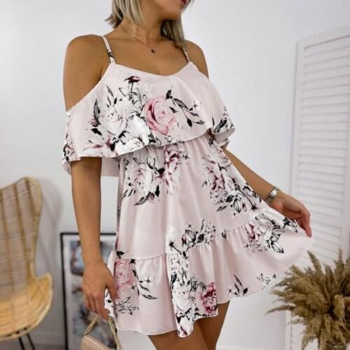 Women Fashion Beach Dress Sleeveless Floral Print Large Hem Party Mini Dress for Wedding Party Casual Dress