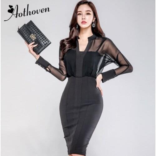 Spring Dresses Mesh Patchwork Black Long Sleeve Backless See Through Women Dress Office Bandage Vintage Sexy Party Pencil Dress