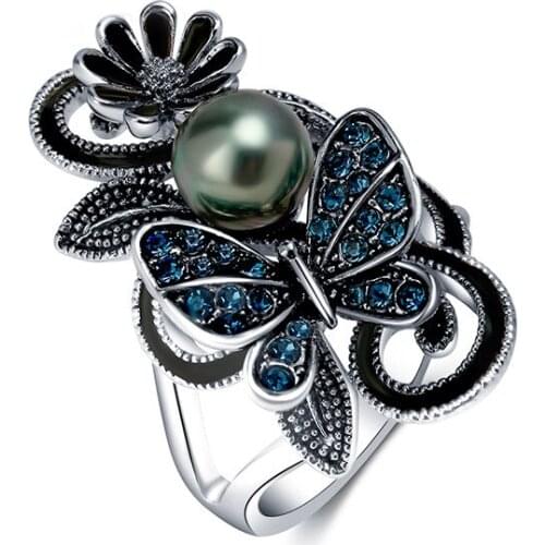 2021 Vintage Butterfly Imitation Pearl Rings For Women Jewelry Engagement Wedding Band Cute Flower Rhinestones Crystal Rings