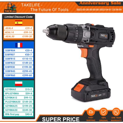 TACKLIFE PCD04C Cordless Drill 18V 310 In-Lbs 16+3 Position 2.0Ah Battery 2 Variable Speeds 1/2" Metal Chuck With LED