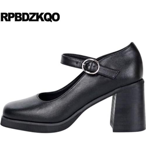Block 3 inch black closed toe high heels mary jane square shoes new ankle strap vintage 2018 thick pumps women size 4 34 retro