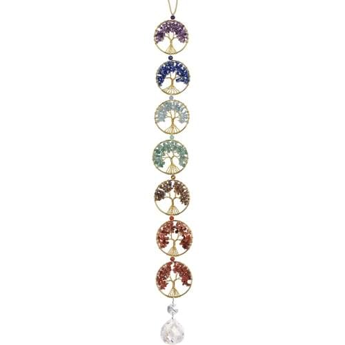 TUMBEELLUWA 7 Chakra Tree of Life Decorative Hanging Ornament,Healing Stone Wind Chime Decor with Sun Catcher for Outdoor Indoor