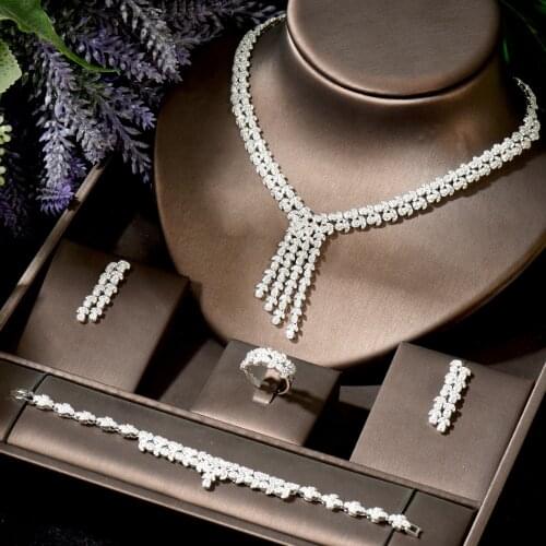 HIBRIDE Long Tassel Cubic Zirconia Women Engagement Necklace Earrings Set 4pcs Bridal Wedding Jewelry Sets Party Gift N-1840