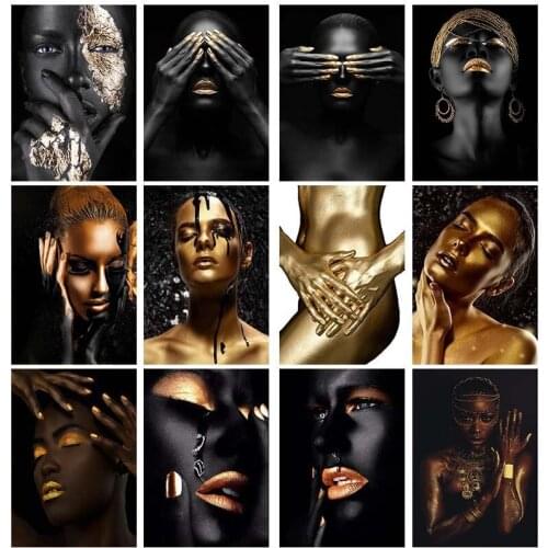African Art Black and Gold Woman Oil Painting on Canvas Cuadros Posters and Prints Scandinavian Wall Art Picture for Living Room