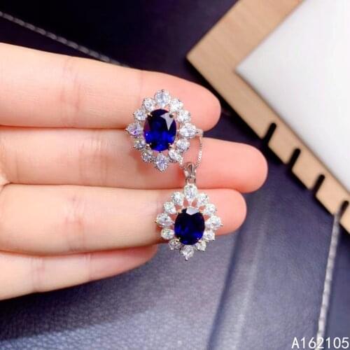 Fine Jewelry 925 Pure Silver Chinese Style Natural Sapphire Womens Luxury Popular Flower Gem Pendant Adjustable Ring Set Suppor