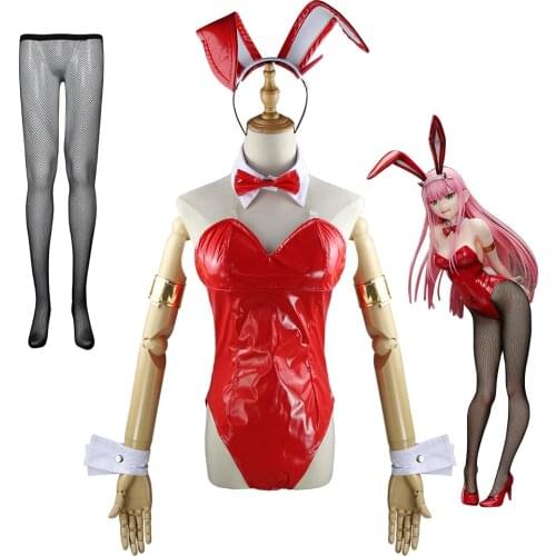 Anime DARLING in the FRANXX 02 ZERO TWO Cosplay Costume Pink Wig Red Sexy Bunny Rabbit Jumpsuit Party Suit Uniform Girls Women