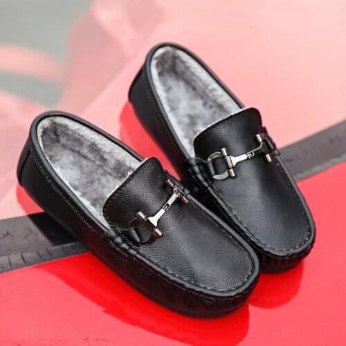 Genuine Leather Winter Fur Warm Childrens Shoes Luxury Kids Loafers Boys Girls Shoes Moccasins Children Flats Casual Boat Shoes