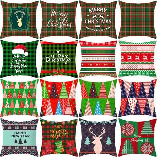 Green Red Plaid Cushion Cover Pillowcase Polyester Elk Merry Christmas Printed Decorative Pillows Sofa Cushions Pillowcover